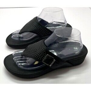 Vionic CAPITOLA Black Studded Leather Platform Thong Sandals 9-9.5 ? about 10" L